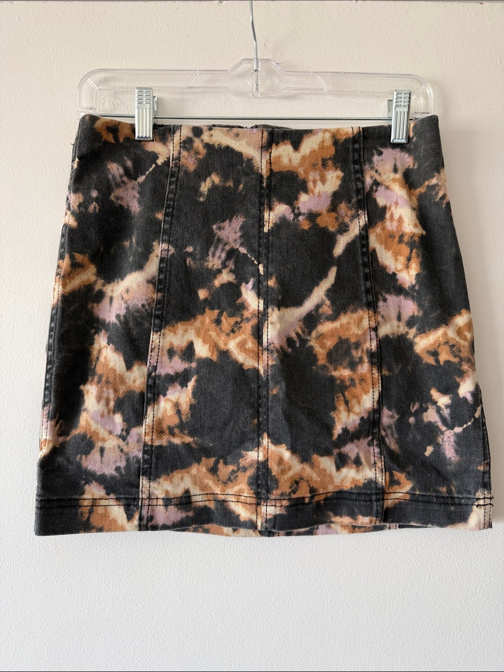 Free People Modern Femme Mini Skirt Tie Dye Acid Wash Denim Black Orange 6